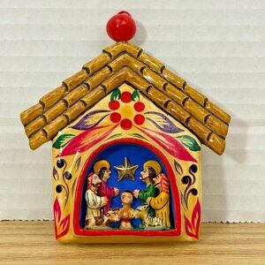 Vintage Miniature Nativity Scene Hand Painted Christmas Ornament 3”